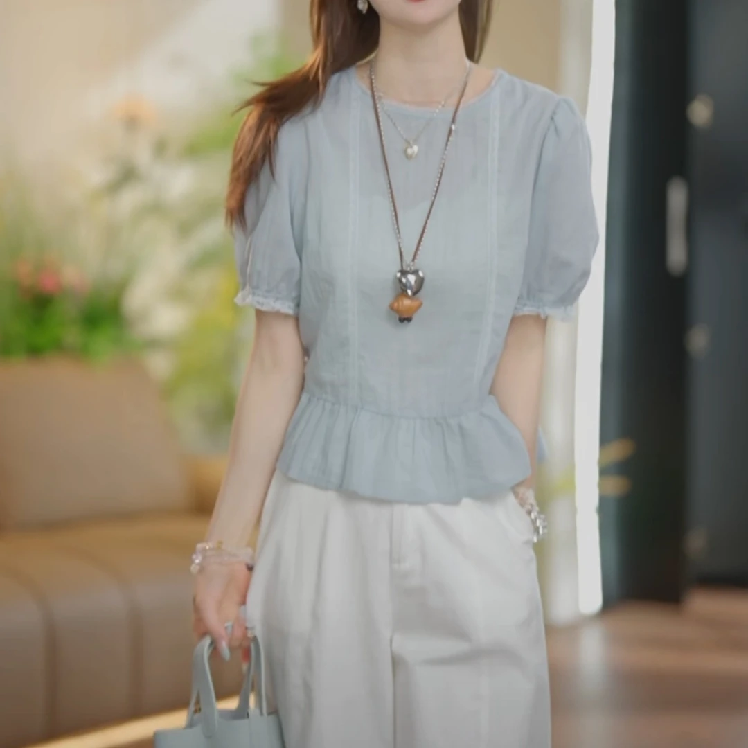 2025夏新法式圆领蕾丝花边感棉布上衣气质显瘦百搭时尚收腰衬衫