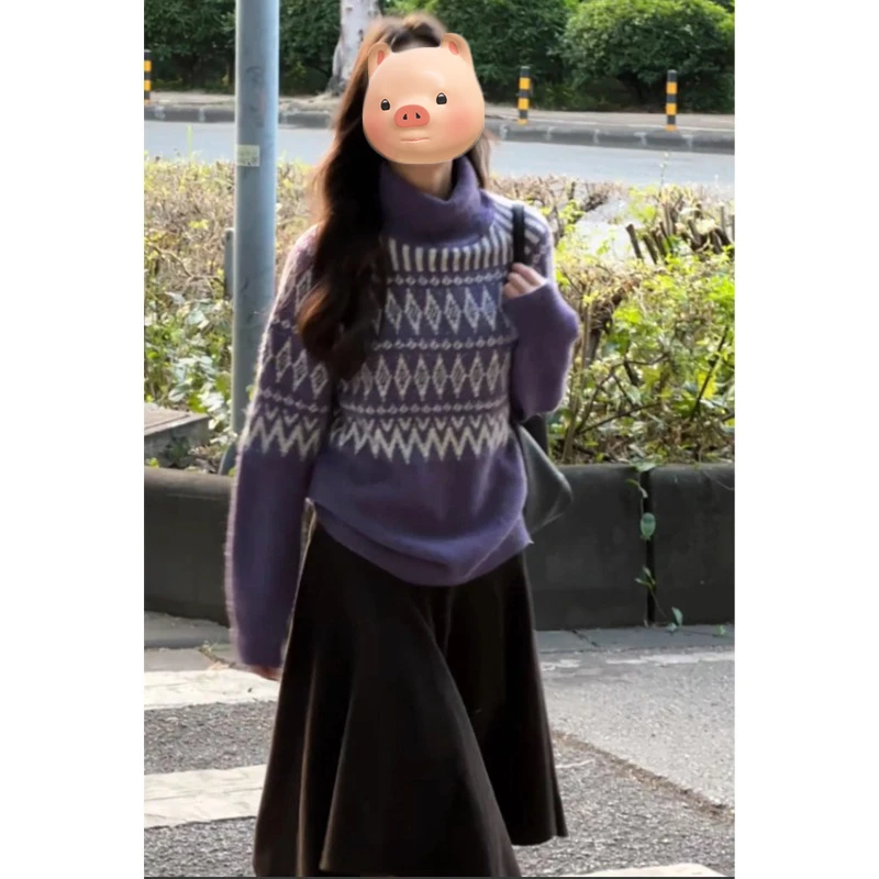 复古北欧风费尔岛提花紫色高领套头毛衣女秋冬季慵懒风针织衫上衣