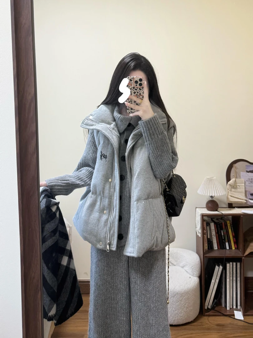 韩系休闲高级感刺绣立领棉衣马甲外套女灰色慵懒风坑条三件套装