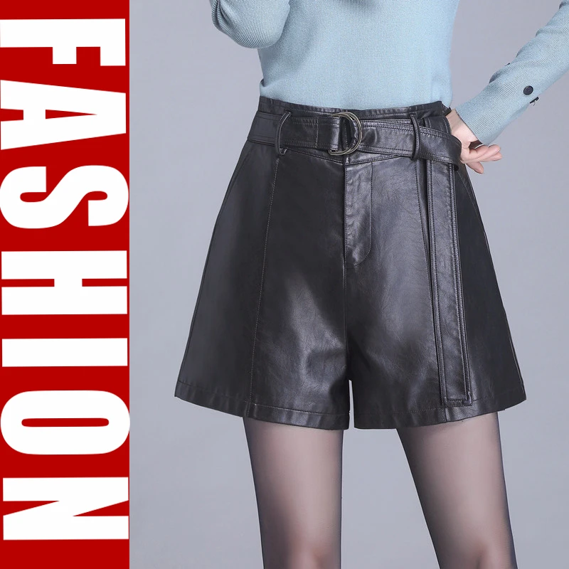 2025春装新款海宁真皮皮裤女短裤高腰宽松阔腿a字外穿绵羊皮靴裤