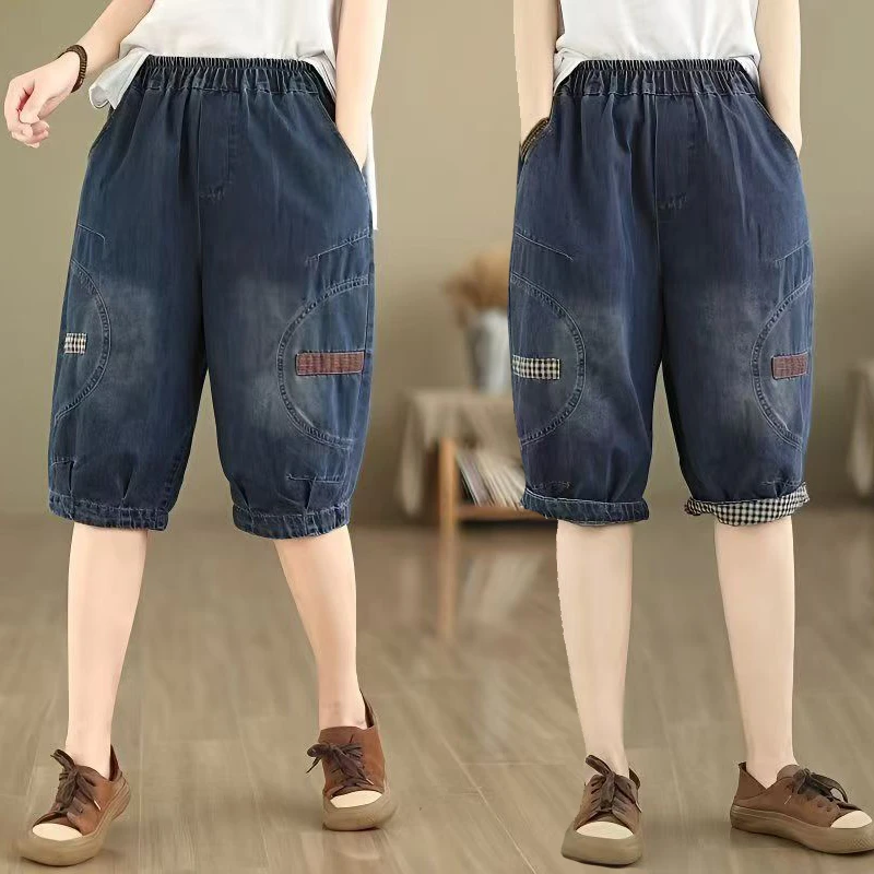 牛仔裤女六分裤夏季薄款胖mm复古大码宽松高腰休闲五分哈伦短裤女