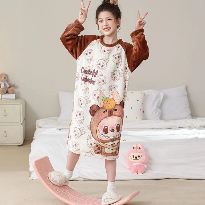 秋冬季女孩中大童加厚家居服女童法兰绒保暖睡裙儿童卡通长袖睡衣