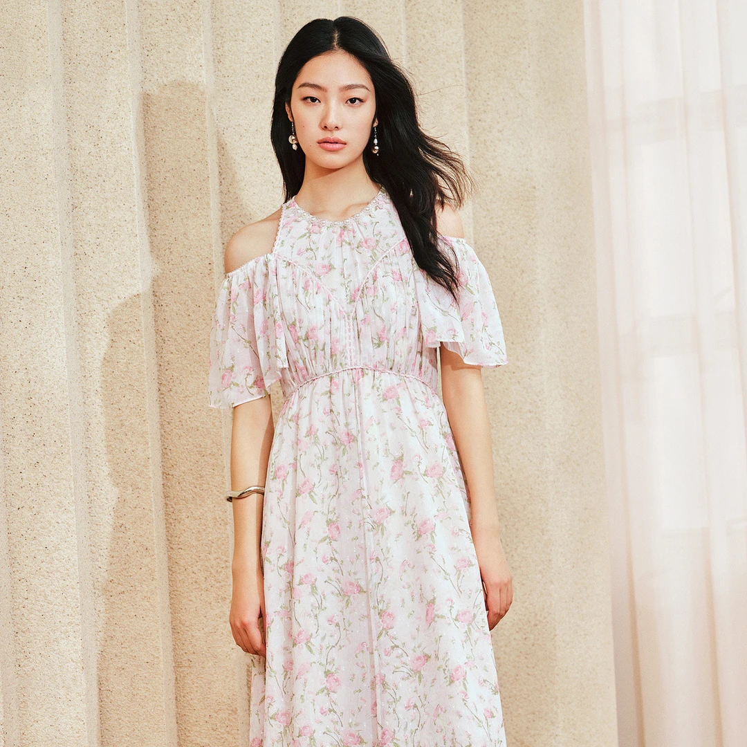 MAXRIENY仙美优雅感气质玫瑰印花长款连衣裙仙女裙