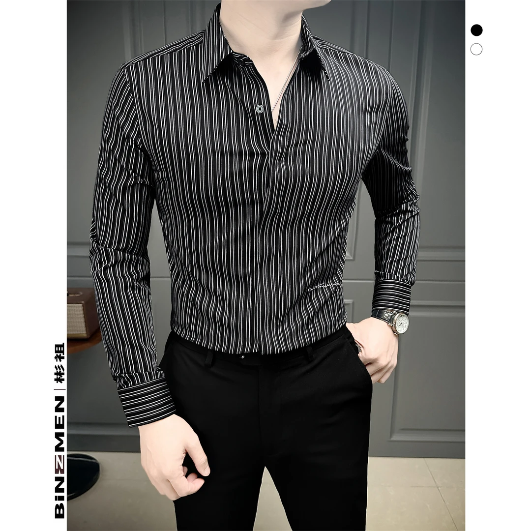 潮牌竖条纹衬衫男款长袖高级感莫代尔春秋款刺绣黑色衬衣男士商务