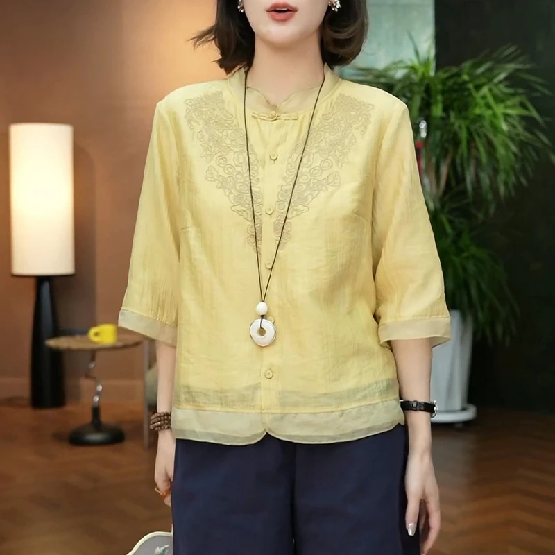 新中式复古风刺绣盘扣立领衬衫女2025新款夏季时尚百搭七分袖上衣