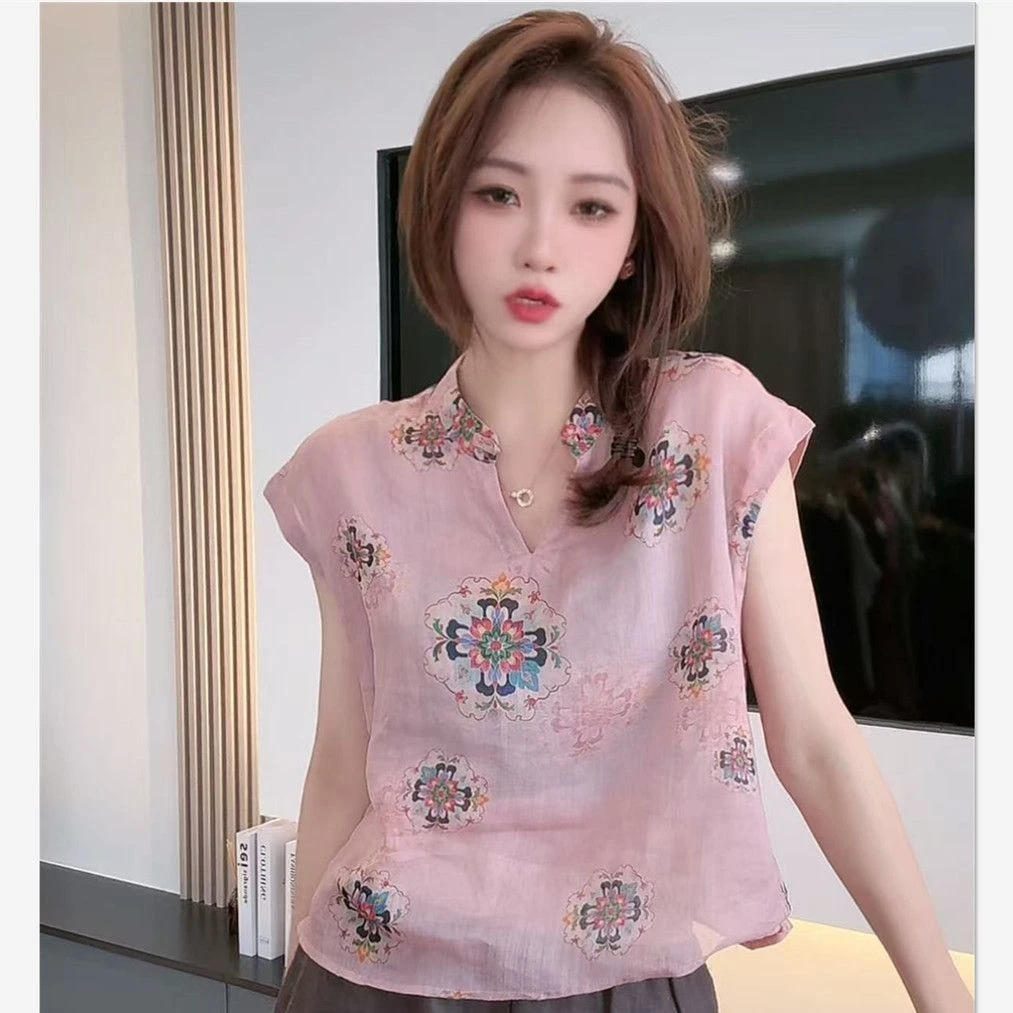 新中式气质国风碎花上衣女装2025夏季新款粉色减龄独特超好看小衫
