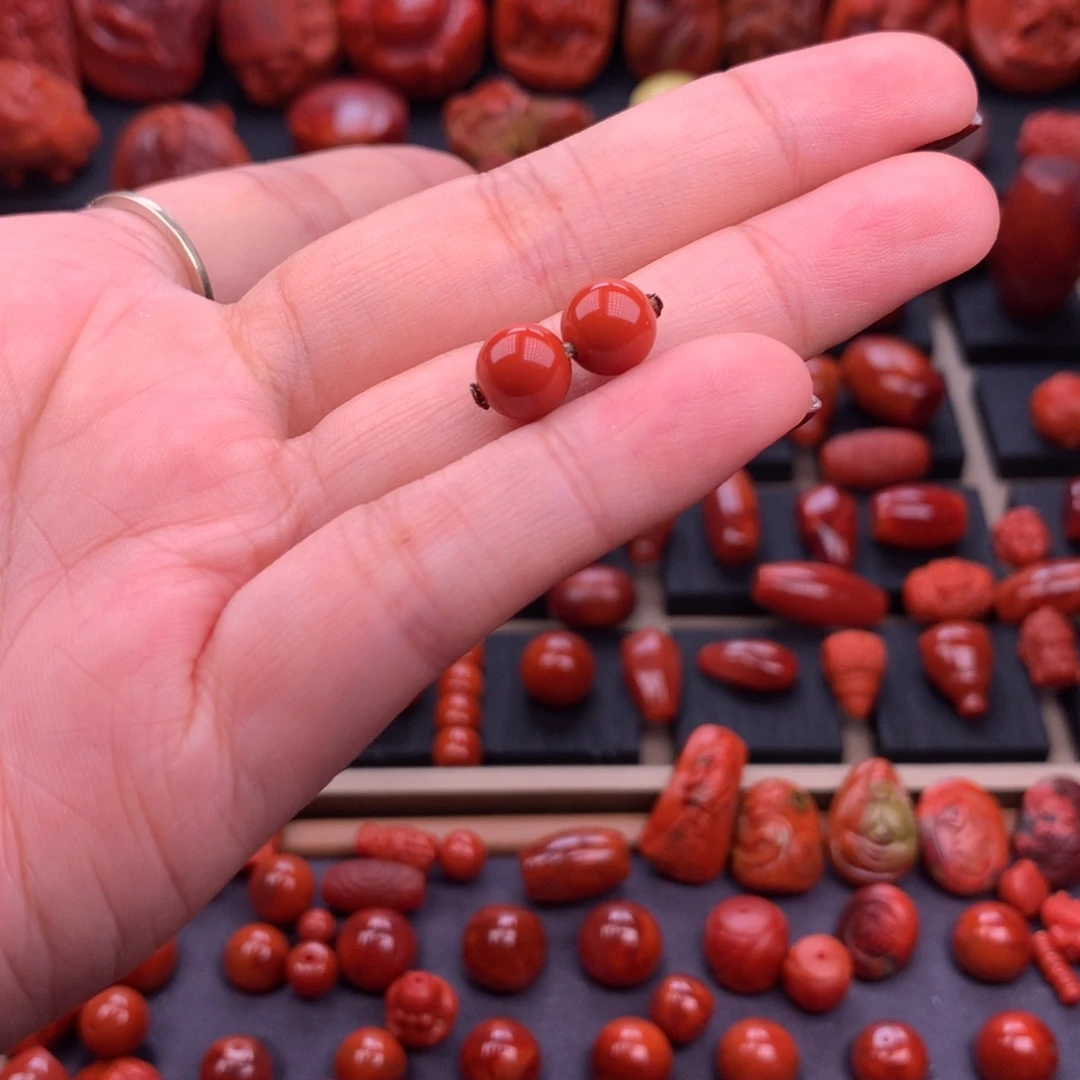 南红玛瑙未镶嵌原矿圆珠对珠8,1mm