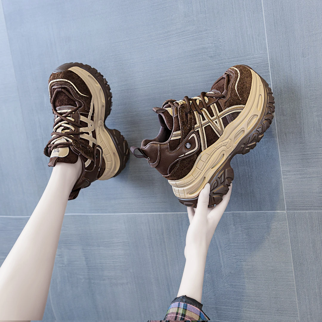 增高10cm老爹鞋女2025冬季加绒轮胎底拼色时尚ins休闲鞋7917-92