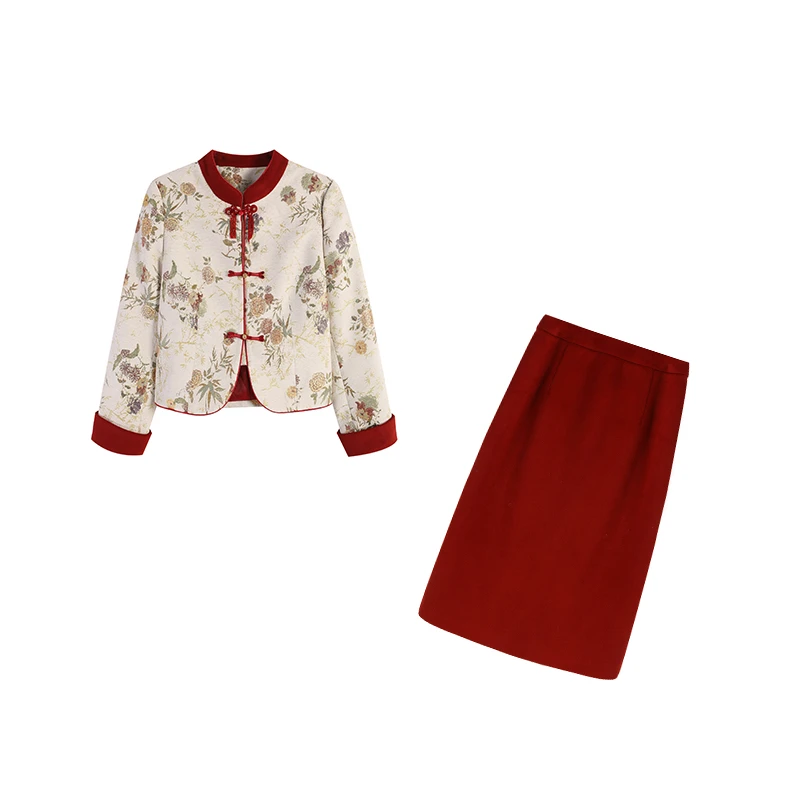 新中式杏色上衣+红色长半裙两件套ZL100548套装秋冬