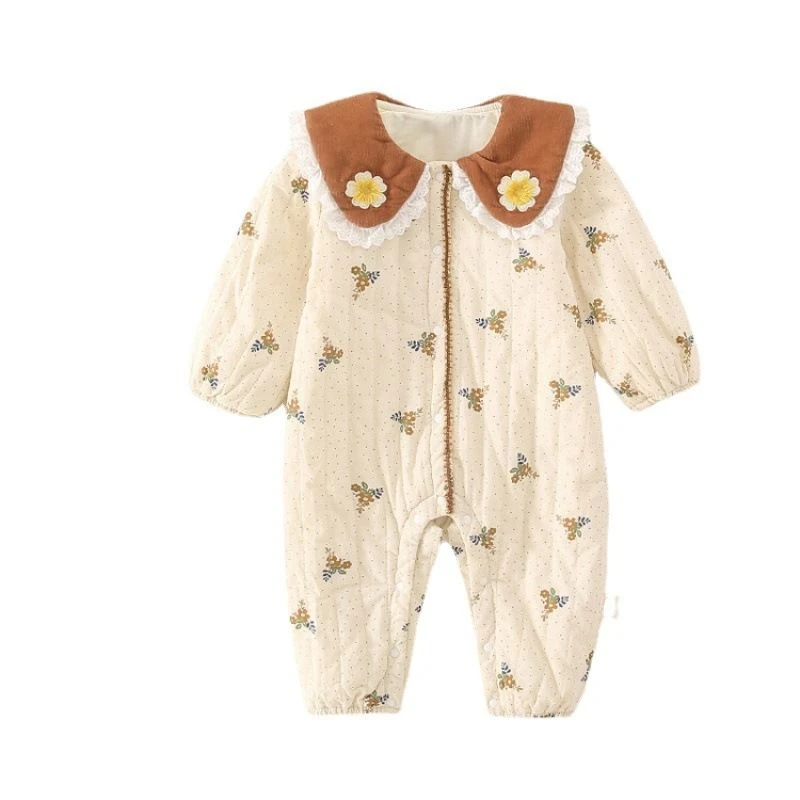 秋冬新品女宝宝碎花波点薄棉哈衣婴儿连体衣服春秋夹棉加厚超萌公