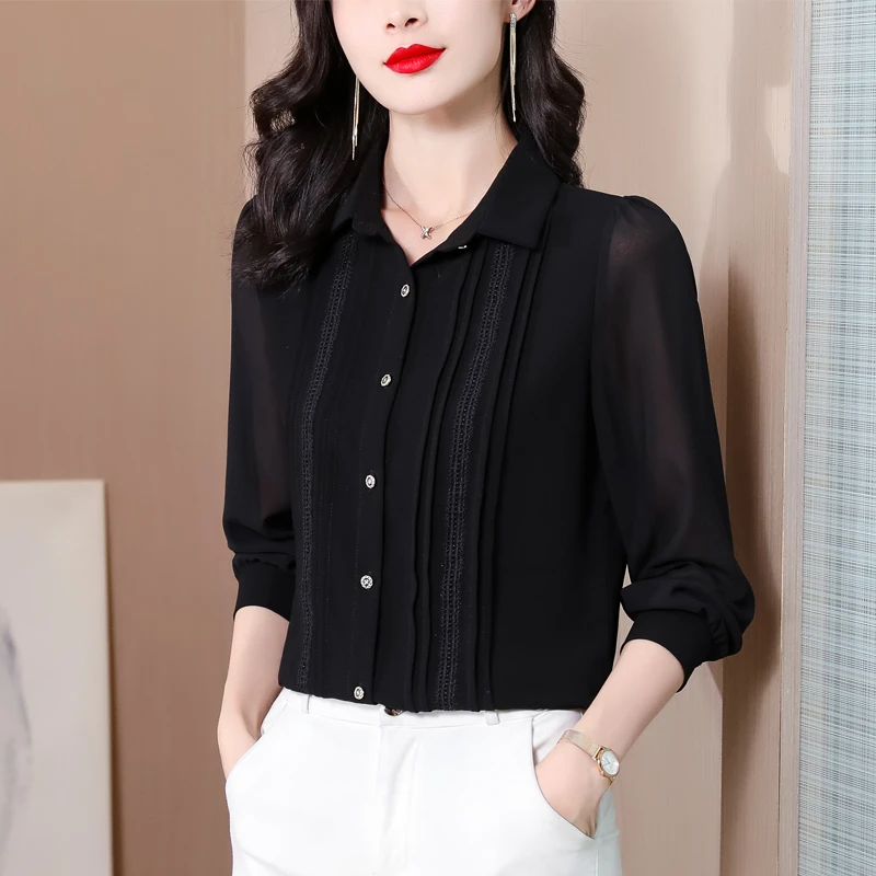 春季时尚气质减龄洋气长袖雪纺衫女褶皱蕾丝宽松衬衣遮肚中年小衫