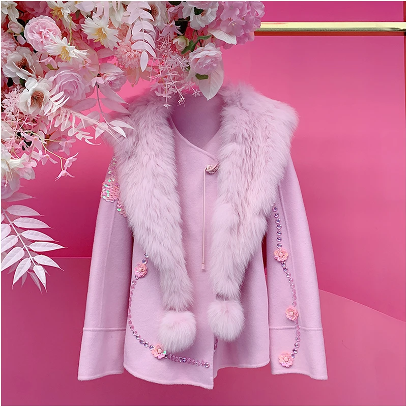 A4866欧美设计师2025冬季新款重工刺绣亮片钉钻狐狸毛领羊绒大衣