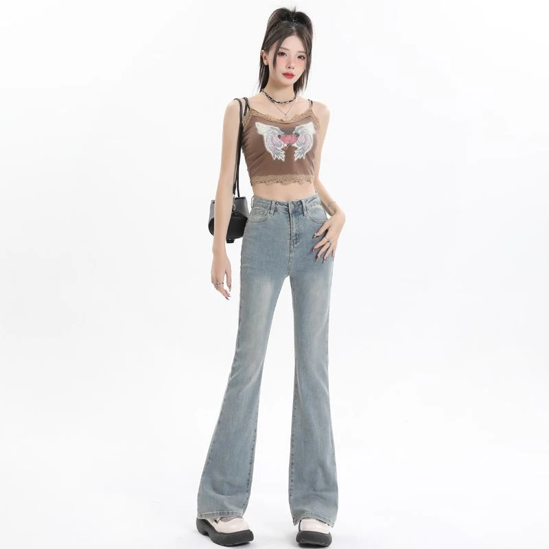 1513美式2025年夏季百搭高腰显瘦喇叭牛仔裤女微喇叭裤弹力高街
