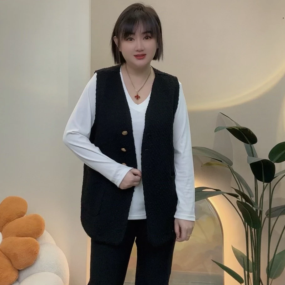 小爽家(^_^)大码胖mm秋季大码女装V领小香风百搭外搭显瘦马甲