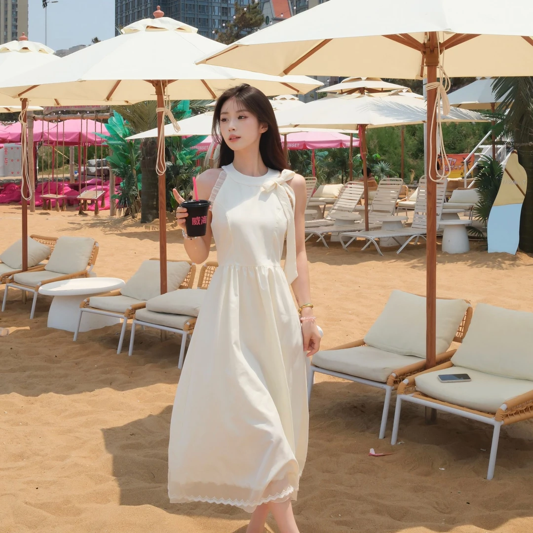 芭蕾风无袖系带挂脖蝴蝶结连衣裙夏季法式收腰温柔气质长裙礼服