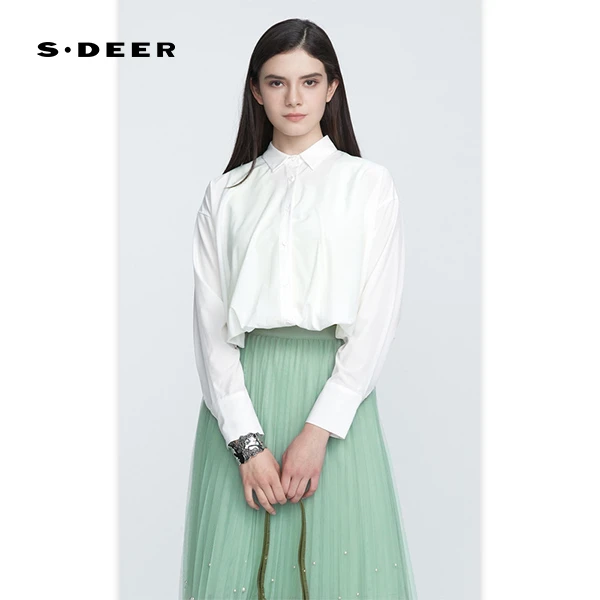 S·DEER春夏翻领撞色设计师时尚拼接不规则百搭衬衫S21180533