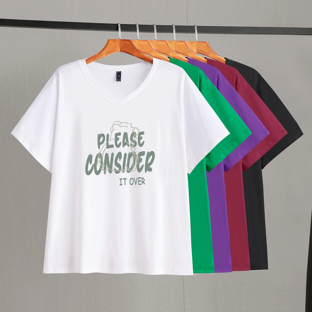 25130T加大码短袖纯棉T恤女宽松V领体恤夏装胖mm显瘦休闲印花上衣