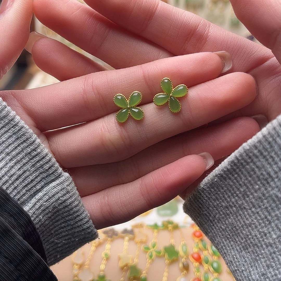 和田玉银S925镀金镶嵌耳饰