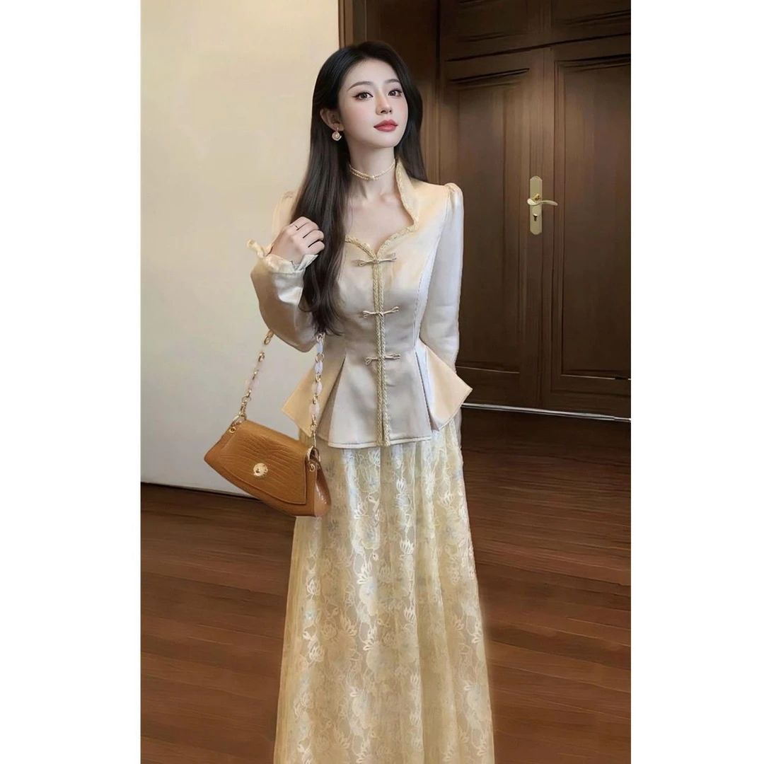 新中式国风设计感盘扣衬衫上衣高腰显瘦长裙子春季新款气质套装女