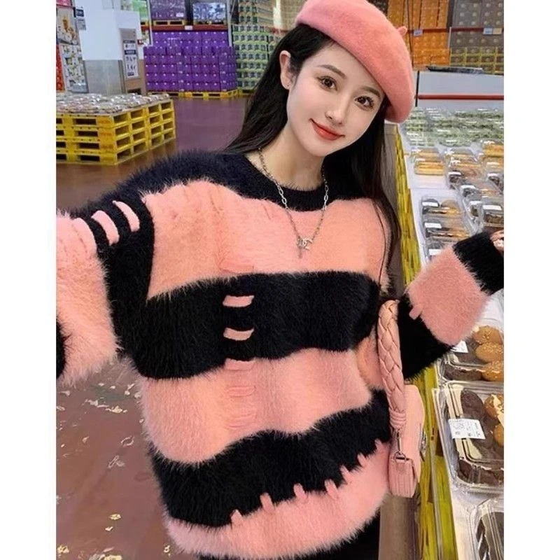拼色条纹仿水貂绒套头针织衫女秋季软糯毛衣宽松中长款慵懒风上衣