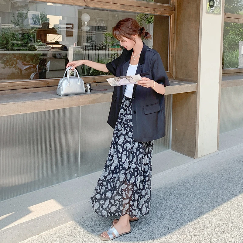 气质名媛风西装套装裙2025夏季新款蕾丝拼接上衣印花半身裙两件套