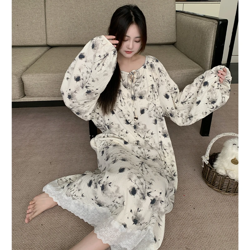 庆同2025新款秋季大码宽松长袖睡裙女士带胸垫睡衣休闲家居服春天