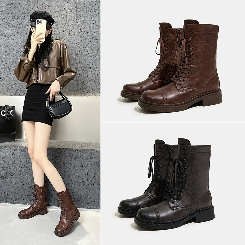 真皮内增高马丁靴女新款秋季复古英伦风西部厚底美拉德中筒靴子