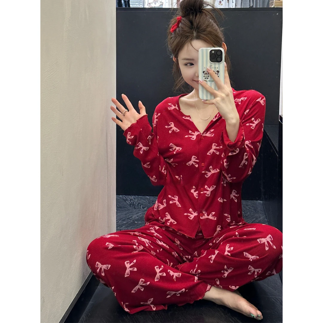 【新年红蝴蝶结】印花睡衣女春秋季2025新款高级外穿家居服套装