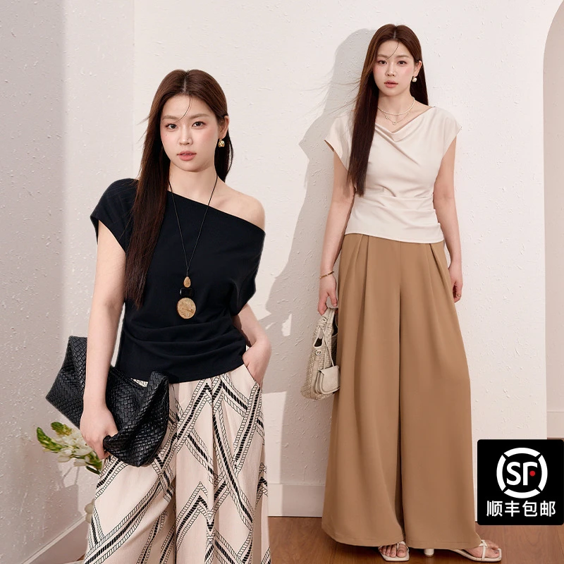 蓝语大码女装设计感气质斜肩短袖T恤2025掐腰巨显瘦荡领上衣09650