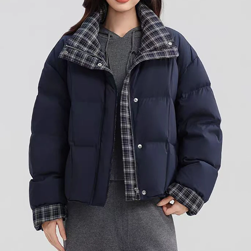 时尚流行格子拼接羽绒服2025冬季新款宽松休闲百搭上衣