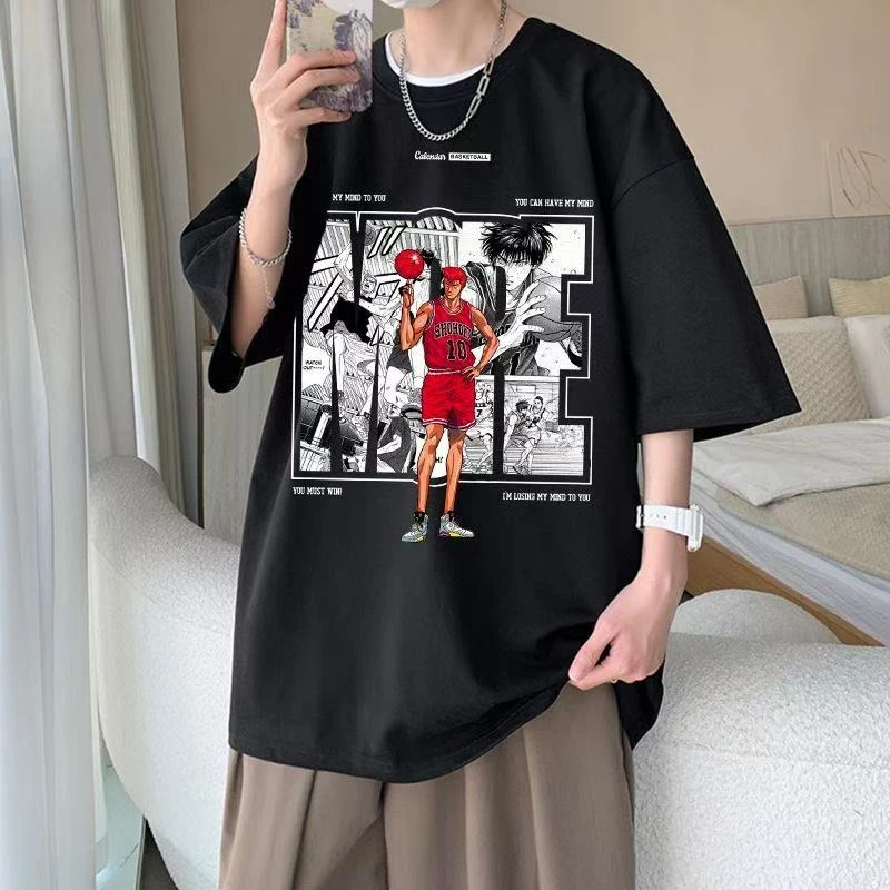 美式t恤宽松大码灌篮高手短袖潮牌圆领落肩半袖加肥加大百搭体恤