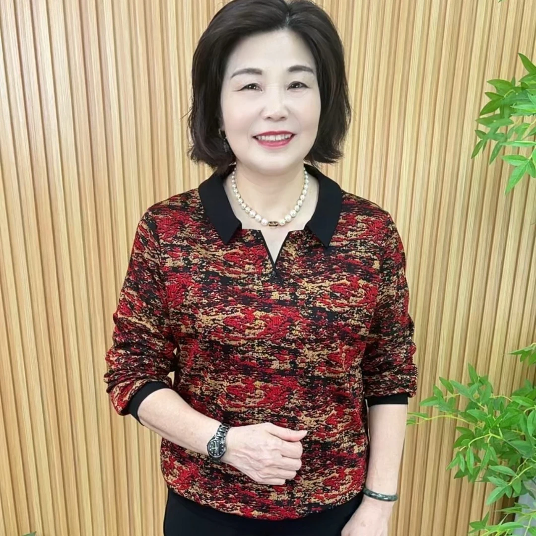 翻领长袖常规款纽扣中老年女装洋气女装印花显瘦时尚V6630