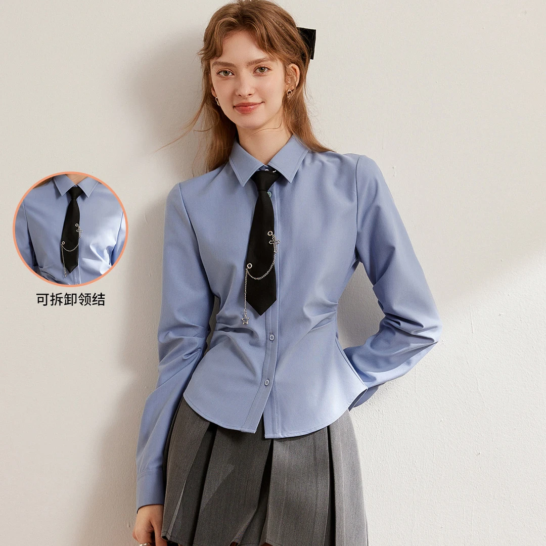 白鹿语25春款气质时尚翻领纯色立体捏褶无弹修身女装衬衫WBY20030