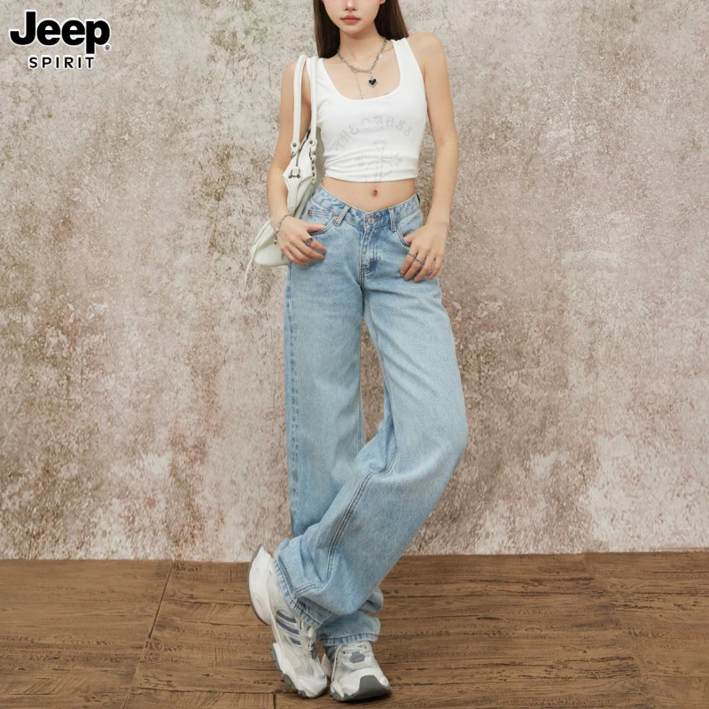 Jeep吉普美式复古低腰牛仔裤女小众设计V型腰百搭显瘦阔腿裤