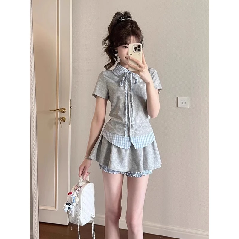 韩系学院风套装女2025夏季新款polo领拼接针织衫高腰半身裙两件套