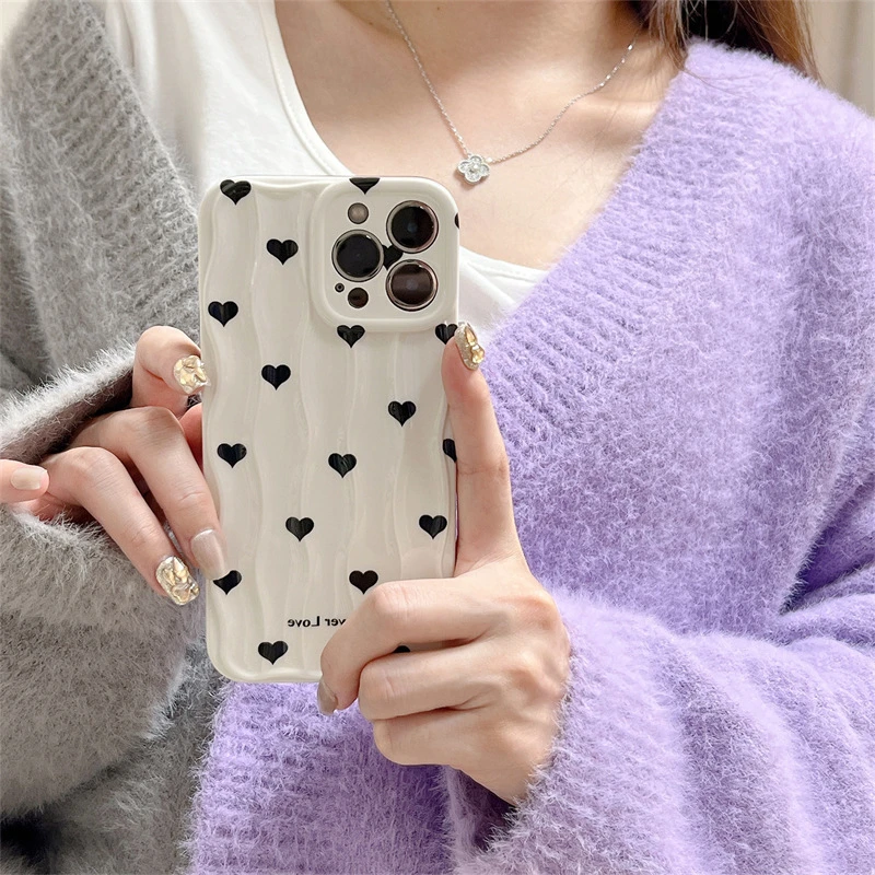将顿适用iphone16Promax韩风ins白底黑爱心苹果15/14手机壳13/12