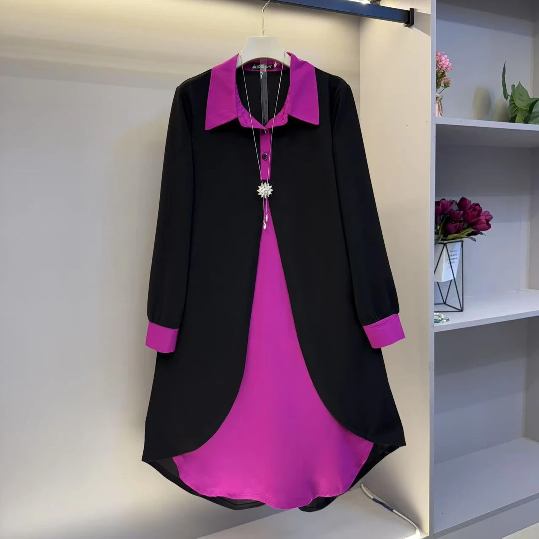 2025早春新款大码女装时尚气质假两件撞色接设计感连衣裙