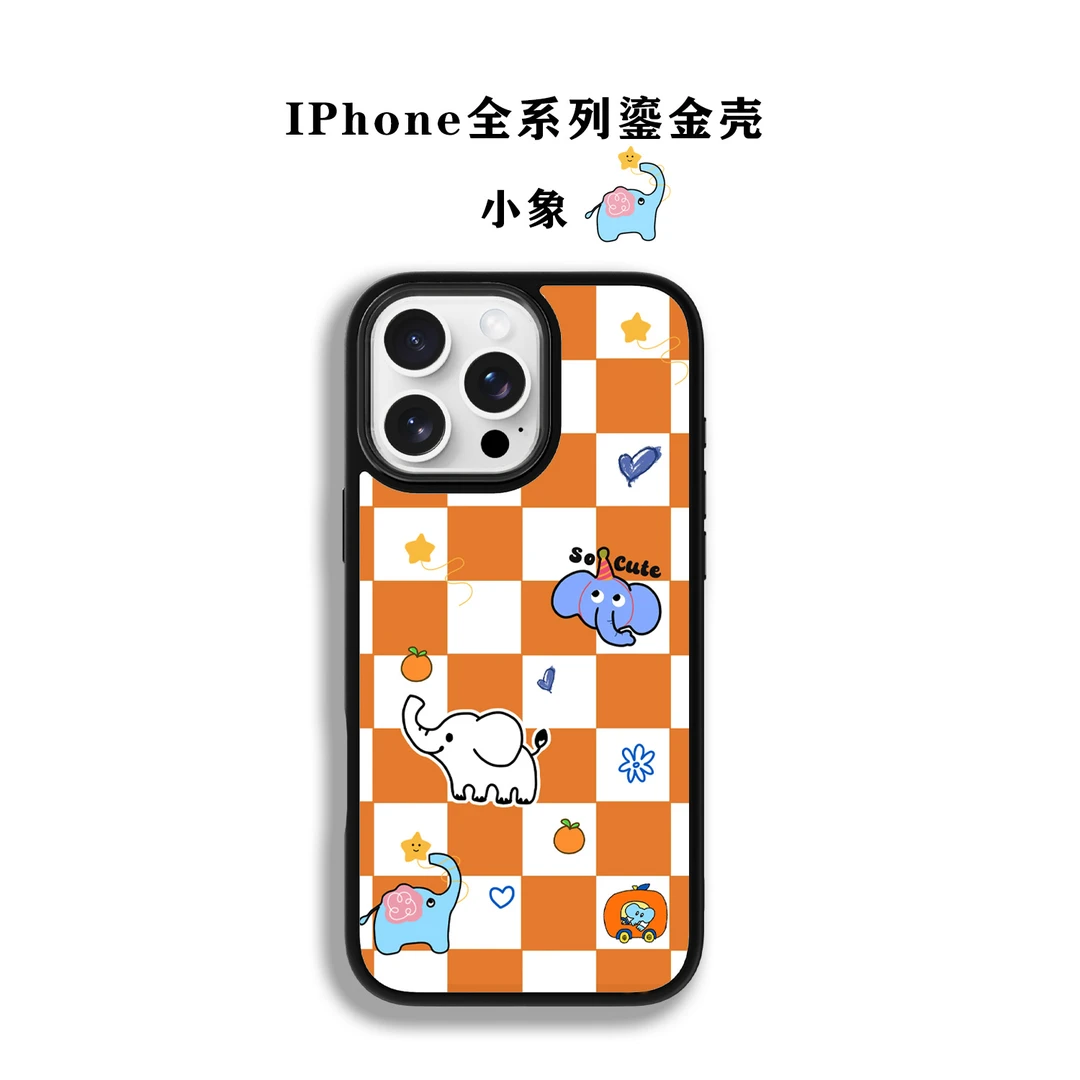 橙色小象鎏金磨砂磁吸手机壳适用于苹果17pro/16/iphone15pro/