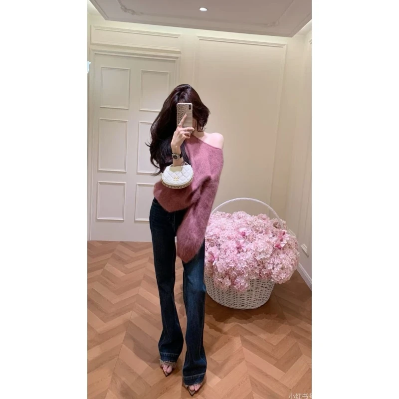 韩版慵懒设计感纯色斜肩针织毛衣女2025秋季高腰垂感休闲长裤套装