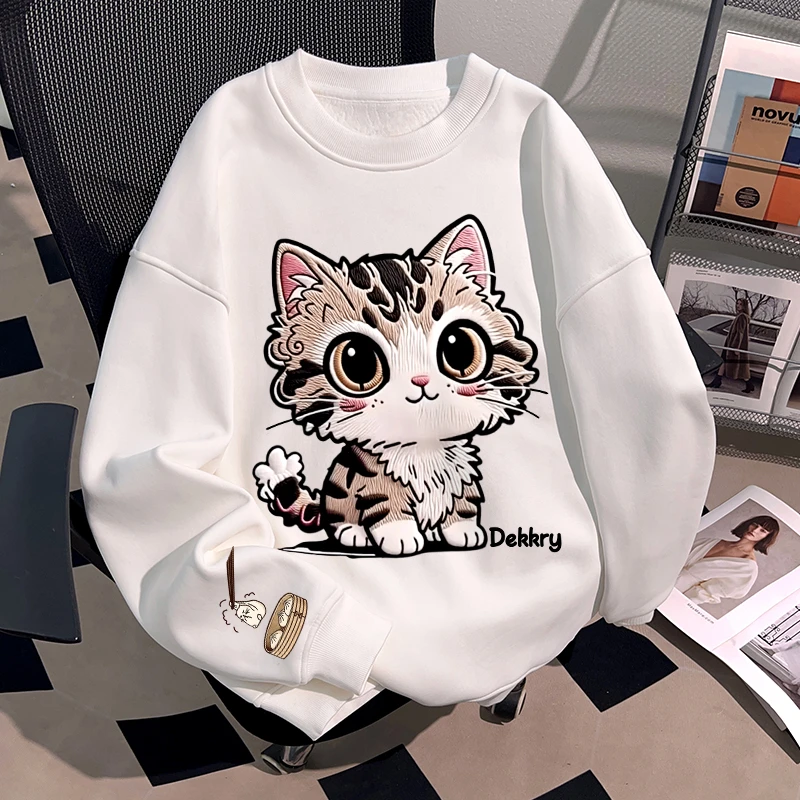 Dekkry秋冬季保暖圆领卫衣男女款可爱猫咪印花加厚高级感宽松上衣