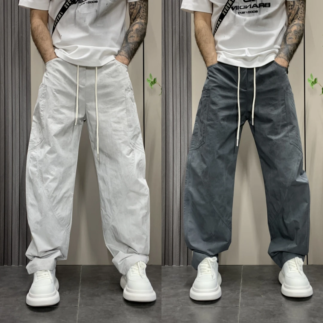 2025春夏季潮流韩版痞帅宽松直筒阔腿裤男士时尚纯色拼接休闲裤子
