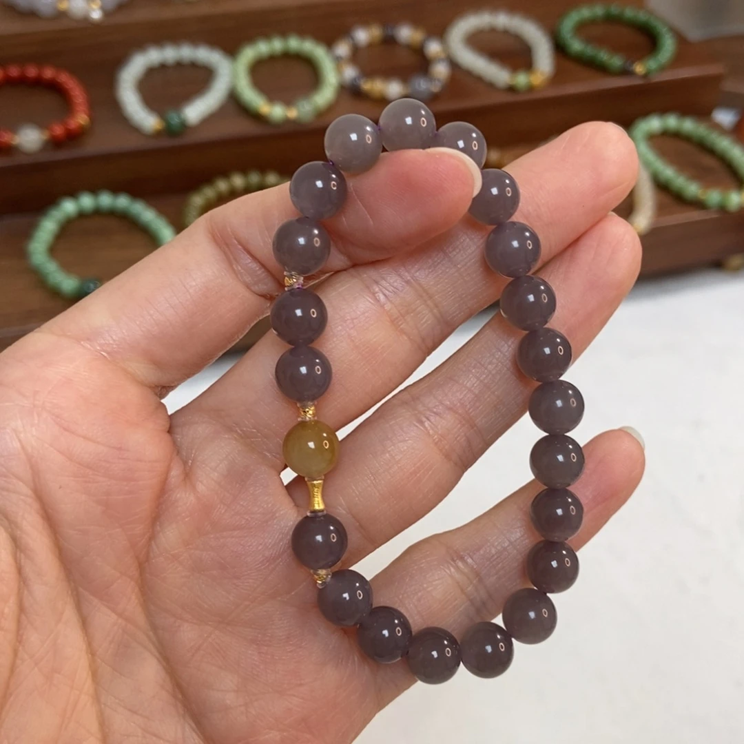 和田玉18K金镶嵌手链8mm冰葡萄紫烟紫