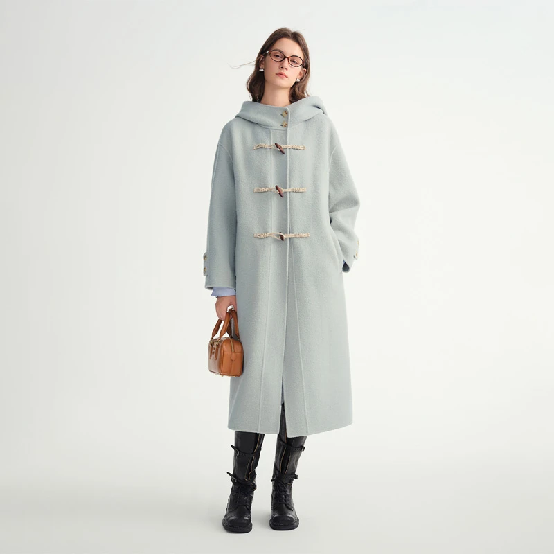 独束大码女装【薄荷生巧】牛角扣中长毛呢外套25DS84113