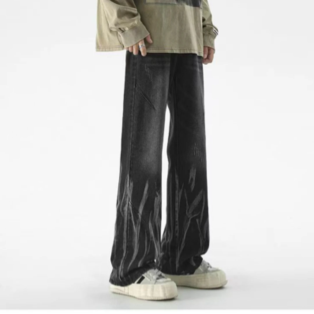 美式街头潮流男士直筒修身黑色牛仔裤