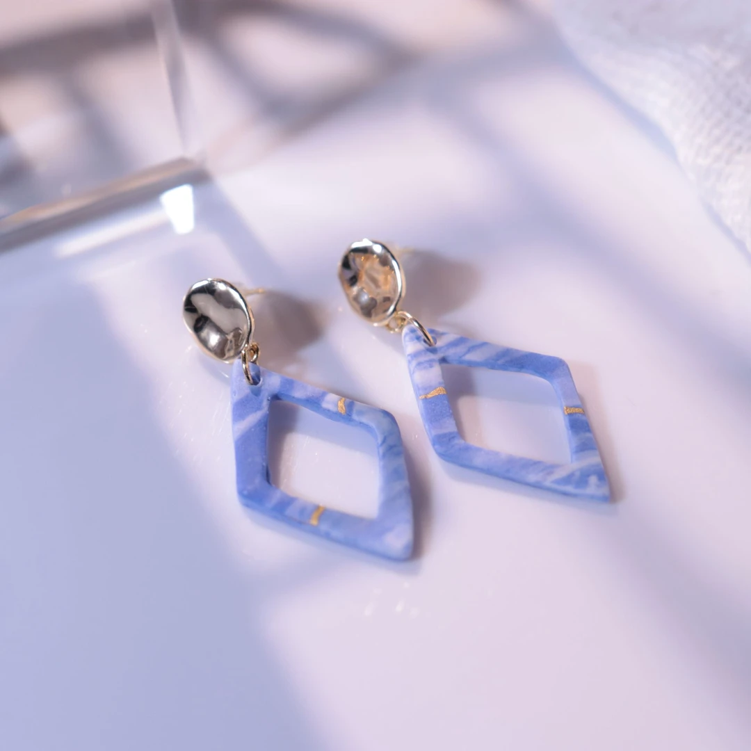 几何陶瓷耳钉  釉蓝描金气质精美新中式景德镇陶瓷手工国风耳饰