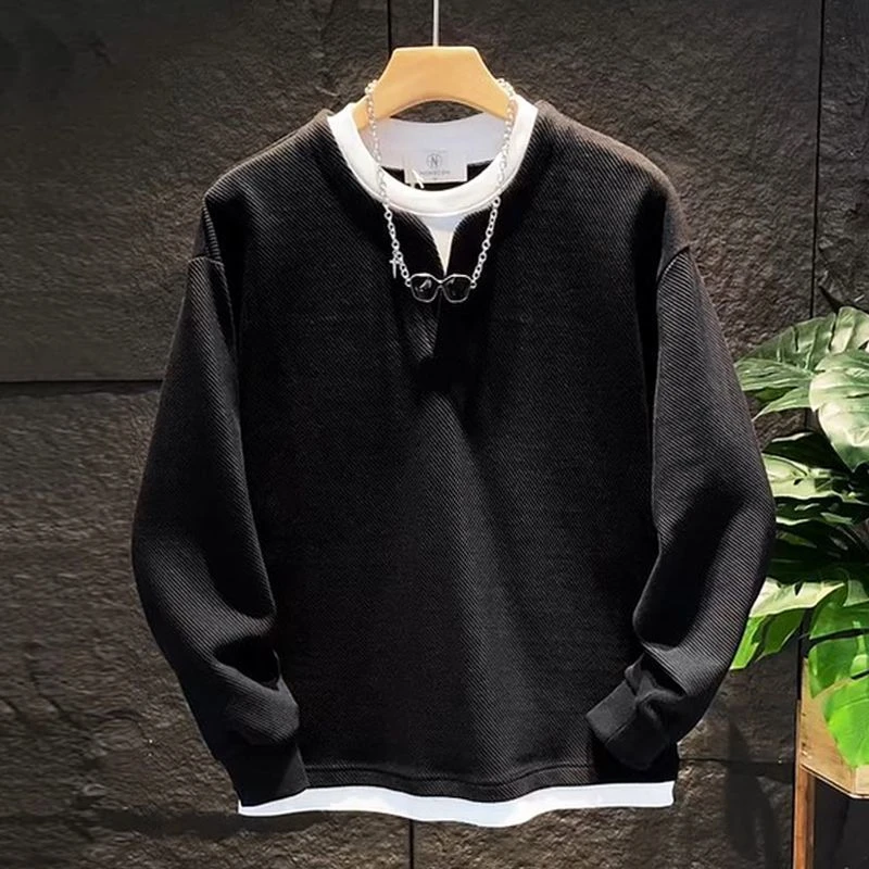 春秋T恤假两件男百搭时尚亨利领套头卫衣韩版潮流T恤衫打底衫