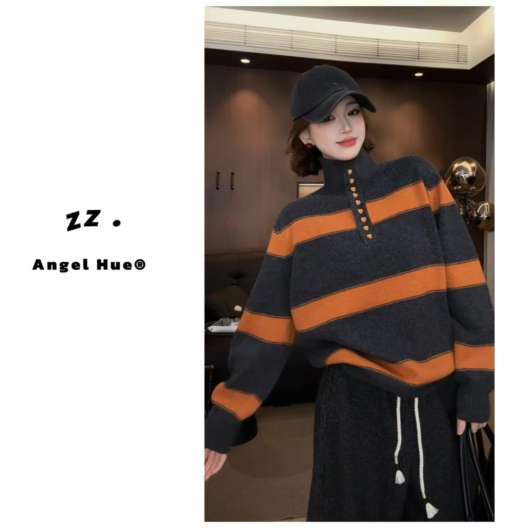 zz · 冬季毛针织衫高领条纹撞色上衣女宽松保暖针织毛衣2090