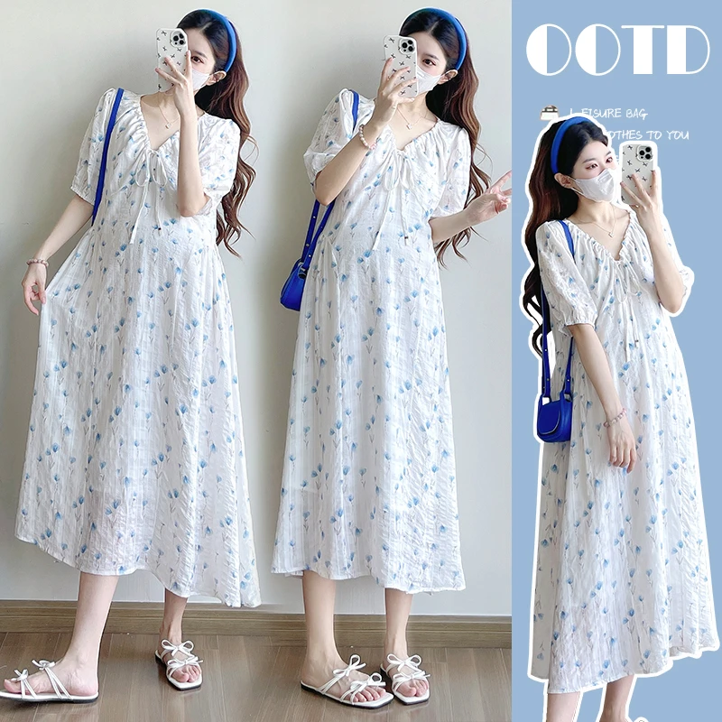 【七七】孕妇夏季气质清新碎花连衣裙领口抽绳调节宽松显瘦孕妇裙