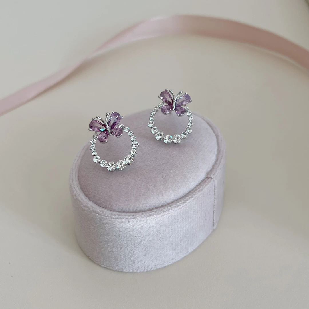 铜合金锆石耳饰 D2209 S925银针紫锆石蝴蝶耳钉超闪日常百搭耳环