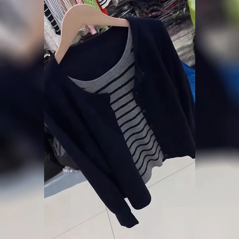 欧货时尚洋气假两件针织衫女士2025秋季新款圆领条纹拼接开衫上衣